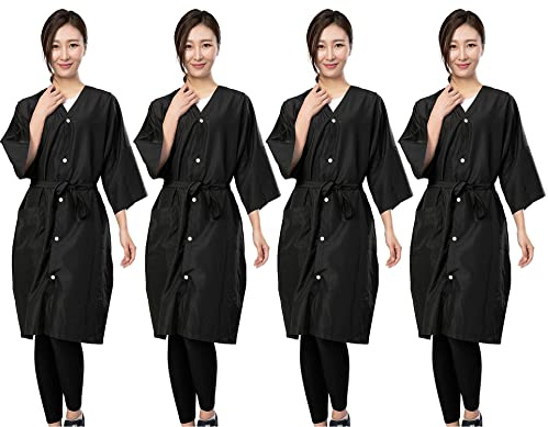 PERFEHAIR Salongsrockar för kunder, paket med 4, hårfärgsklänning cape för kvinnor och män, Grooming smock-kimono-stil, 5 tryck-stängningar, Svart (förpackning med 4), L
