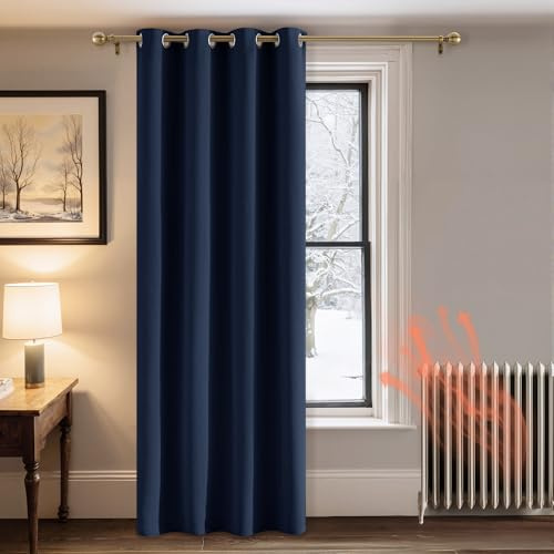 PONY DANCE Single Thermal Door Curtain - Privacy Protection Eyelet Blackout Curtain for Nursery Noise Reduction Curtain for Bedroom/Kitchen, 52 inch x 84 inch, Navy Blue