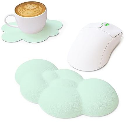 ZIYOU LANG Wolkenförmiges Mauspad und Tassenuntersetzer-Set, Handgelenkstütze, Tastatur-Handgelenkauflagen-Set, niedliche Maus-Computer-Armlehne, rutschfeste Basis für Home-Office-Gaming, Mac-Grün