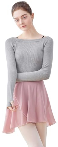 Daydance Knit Grey Women Ballet Sweater Crop Boat Neck Pullover Dance Shrug for Warm up, Long Sleeve