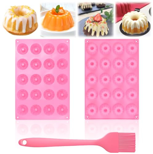 SLTAXAR 2 PCS Molde Bizcocho Savarin, Molde Silicona de Bundt Cake Antiadherente Molde Gugelhupf con 20 Cavidades Moldes Silicona Reposteria con Cepillo para Hornear Mini Pasteles Tartas Donuts