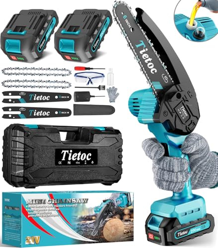 Tietoc Mini motosierra inalámbrica de 6 pulgadas [con 2 baterías de 21 V] [actualización de 2024] Sierra de cadena eléctrica portátil, pequeñas sierras de mano alimentadas por baterías para ramas de