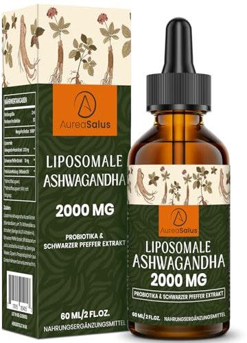 Liposomale Ashwagandha-Tropfen 2000mg, Natürlicher Ashwagandha-Wurzelextrakt, mit Schwarzem Pfeffer und Probiotika, Vegan (60 ml (1er Pack))