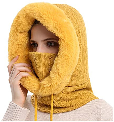 Wintermütze Warme Mütze Strickmütze Cold-Proof Lätzchen Hut-Cold-Proof Maskenhut Skihauben-Kopfbedeckung gefütterte Mütze (Yellow, One Size)