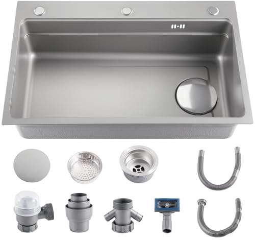 Warmiehomy Kitchen Sink 304 Stainless Steel Sink 75 x 48 x 22 cm Nano Single Bowl Kitchen Sinks with 3 Holes Drainer Kit for Bar, Campervan