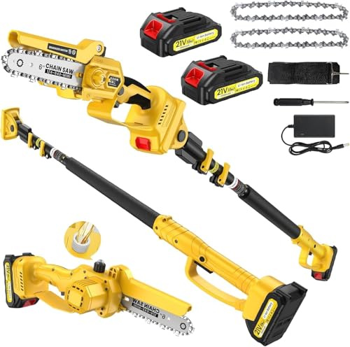 Pole Saw, 2.2M Pole Chainsaw, 6 Inch Mini Chainsaw, 2× 2000 mAh Battery Chainsaw, 1000W Brushless Cordless Pole Saw with Oiler, 180° Adjustable Head for Tree, Branches, Garden, Gifts for Men Fathers
