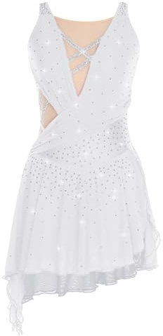 Winnrchan Women Figure Skating Dress Rhinestone Lyrical Dance Dress Flowy Tulle Skirt Leotard Ballet Dancewear White Small