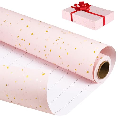 Fentar Rosa julomslagspapper, 43 cm x 10 m guldfolie kraftpappersrulle, återvinning, lyxig matt omslagsrulle för födelsedagspresent, julfest, bröllop