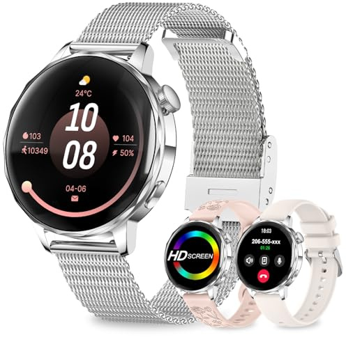 fitonyo Smartwatch Damen mit Telefonfunktion,1.27 HD 3D-gebogener Bildschirm Smartwatch Damen,3 Armbänder,HR/Schritte/Kalorien/Blutdruck/Schlaf,120 Sportmodi,IP68 Fitnessuhr,Android & iOS,Silber