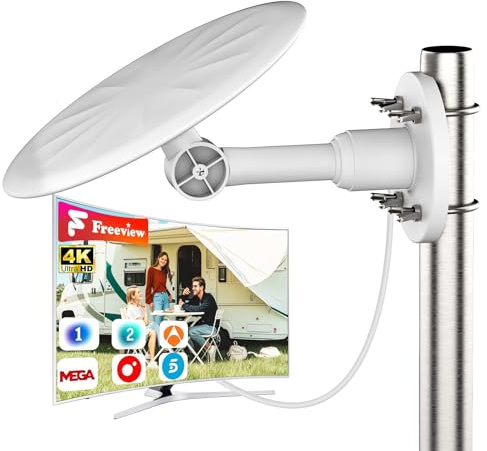 Antena TDT Exterior Blanca para Smart TV – Antena TV Digital HD 4K/1080P con Recepción UHF/VHF Estable de Largo Alcance, Compatible DVB-T2/DVB-T, Cable Coaxial 10 m, Resistente al Clima
