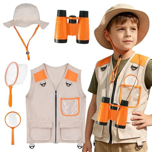 HTTDSLF Kit Explorador Niños, Disfraz Explorador Niño con chaleco, sombrero y prismáticos, equipo de acampada para niños, juguete al aire libre para niños y niñas