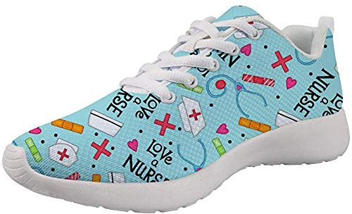 Showudesigns Basket Femme Homme Chaussure de Sport Running Fitness Mode Infirmière d'amour Sneakers Outdoor Gym Trainer Love Nurse - Bleu Taille 36
