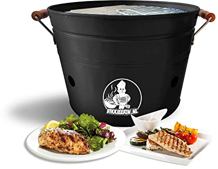 Vikkieerin Barbecue à charbon de bois Noir - Portable - Diamètre : 38 cm - Chou de bois - Pour jardin, camping, balcon, terrasse - Réchaud de camping