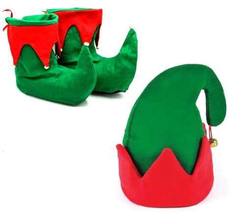 Edozos Adult Christmas Elf Costume Set - Santa's Helper Hat with Jingle Bells & Curly-Toe Elf Shoes for Men & Women | Unisex Xmas Party, Secret Santa, Holiday Cosplay & Festive Outfits (Red/Green)