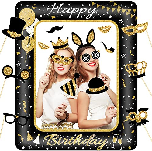 KKSJK Födelsedag, uppblåsbar bildram med 16 st fotorekvisita, Happy Birthday, fotobooth, svart, guld, fotolåda, tillbehör, fest, selfieram för födelsedagsdekoration