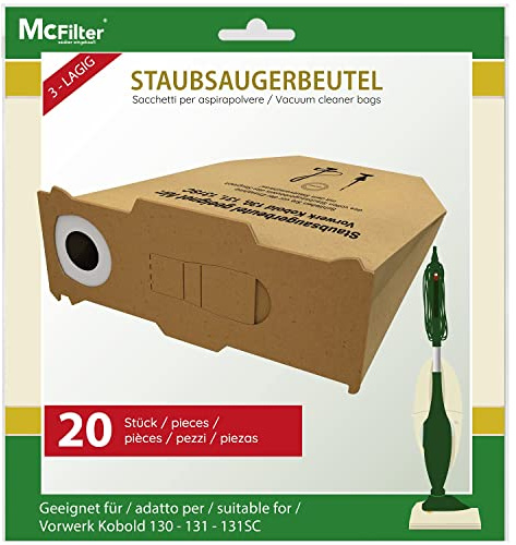 McFilter I 20 sacchetti per aspirapolvere adatti ai modelli Vorwerk Folletto 130, 131 e SC, disco di copertura extra resistente con guarnizione in gomma e flangia robusta
