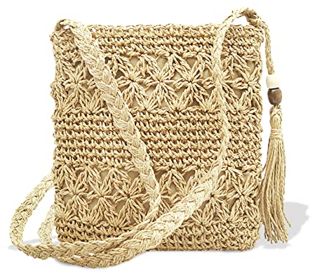 DUGEHO Straw Damen Einschulter Strohtasche Umhängetasche,Sommer Vintage Strandtasche mit Quaste Strand Stroh Handtasche Crossbody für Frauen Reisen Urlaub Freizeit Geflochten Tasche(Off-weiß)