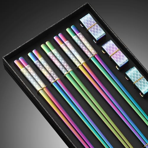 TIICOO Metall Essstäbchen Wiederverwendbare 5-Paar Titan überzogene Edelstahl-18/8 Essstäbchen mit Halter, Geschirrspüler Safe Leichte japanische Art Essstäbchen Geschenk-Set (Regenbogen)
