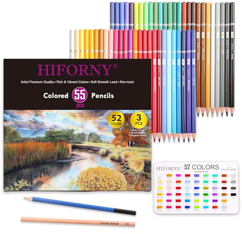 HIFORNY Confezione da 55 matite colorate per adulti, 52 colori con extra, nucleo morbido per artisti, colori vivaci, matite da disegno, forniture artistiche per adulti, principianti