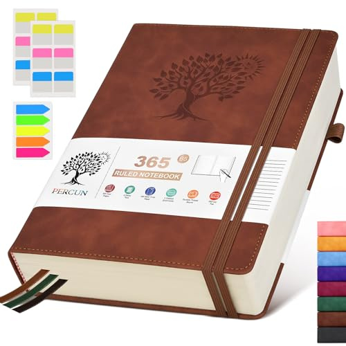 PERCUN B5 Lined Journal Notebook - 365 Page Large Leather Journals for Writing Women Men，Hardcover Notebook with 100Gsm Thick Pages，Daily Diary for Travel, Work，School，College Ruled (7.6 x 10.3)