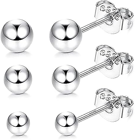 Hmzidz 3 Paia di Orecchini a Lobo Argento 925, Orecchini Donna Piccolo, Sfera Argento, a Bottone Set, a Perno Pallina, Piercing Anallergico