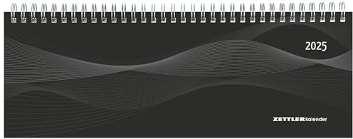 Zettler - Tisch-Querkalender 2025 schwarz, 29,7x10,5cm, Bürokalender mit 112 Seiten, Monatsübersicht, Notizbereich, Mondphasen, Jahresübersicht, Ringbindung und internationales Kalendarium