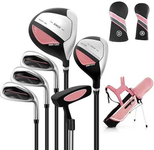 COSTWAY Juego de Palos de Golf para Niños de 11 a 13 Años, Incl. Bolsa de Soporte con Capucha para Lluvia, Conductor N.° 1, Híbrido N.° 5, Hierros y Putter N.° 7 N.° 9, para Diestros(Rosa)