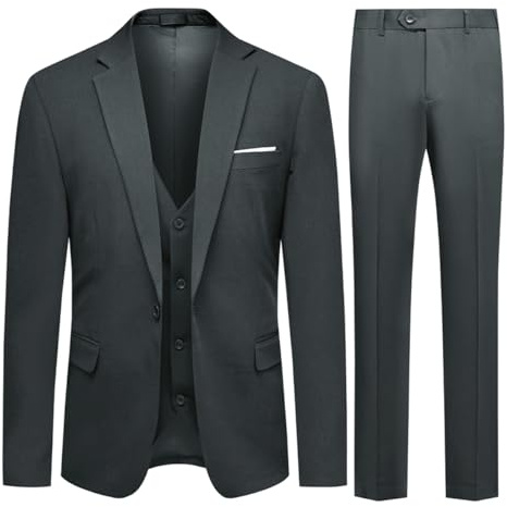 Allthemen Mens 3 Piece Stretch Suits 1 Button Business Suits Dark Grey L