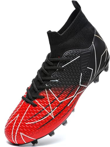 VTASQ Boys' Football Boots Kids Turf Football Shoes Professional Teenager Athletics Sneakers Outdoor Non-Slip Training Soccer Shoes High Top Football Shoes Spikes Black Red 3.5UK