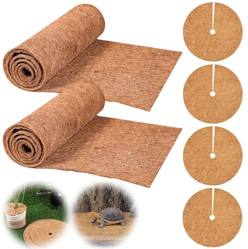 BAIFULAI Lot de 2 rouleaux de tapis en coco pour plantes (1 m x 30 cm/rouleau) et 4 disques en coco, protection hivernale, disque en noix de coco pour plantes en pot, protection contre le gel, plantes