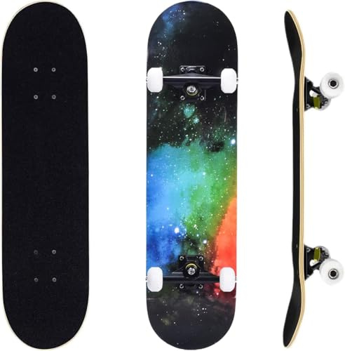 ERNAN Komplett skateboard för nybörjare, 81 x 20 cm dubbel sparkskateboard för barn, tonåringar och vuxna. med Skate T-verktyg. Regnbåge)