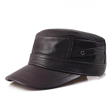 WENH Gorras de béisbol de cuero for hombre, gorra militar plana de piel de oveja informal for hombre, cinturón cálido, sombreros de vuelo ajustables 56-60(Brown)