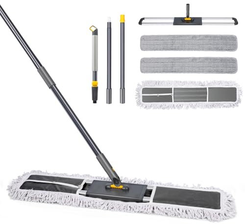Myiosus Scopa Serpillere professionale, 90 cm, grande scopa mocio in microfibra con manico regolabile in inox, spazzole piatte con 3 tamponi, mocio per la pulizia di ufficio, garage, magazzino
