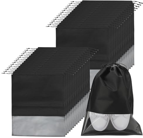 HEIYUET 30 Stück Reisen Schuhbeutel mit Kordelzug, 44 x 32 cm große Schuhbeutel mit Sichtfenster, Schuh Aufbewahrungstasche, Schwarz Stoff Schuhbeutel Aufbewahrung