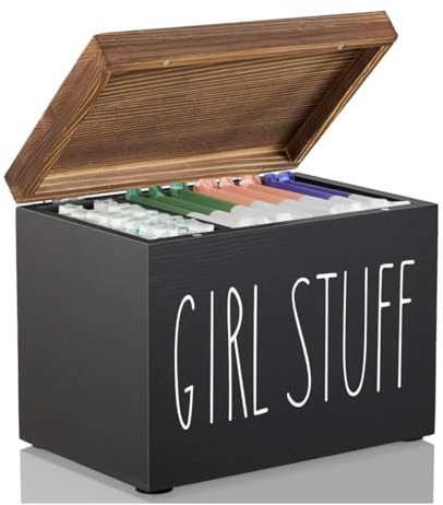 Jomeis Girl Stuff Storage Box | Bathroom Organizer for Feminine Hygiene Products | Wooden with Hinged Lid | Discreet & Stylish Storage for Pads, Tampons, Liners - Black & Natural Wood