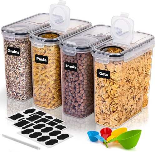 BUOAZR Vorratsdosen Set, BPA-frei, Müsli Schüttdose, Aufbewahrungsbox Küche, Luftdichte Küchen Vorratsbehälter, 24 Etiketten für Getreide, Mehl usw, ein Stift, Vier Messlöffel (4)