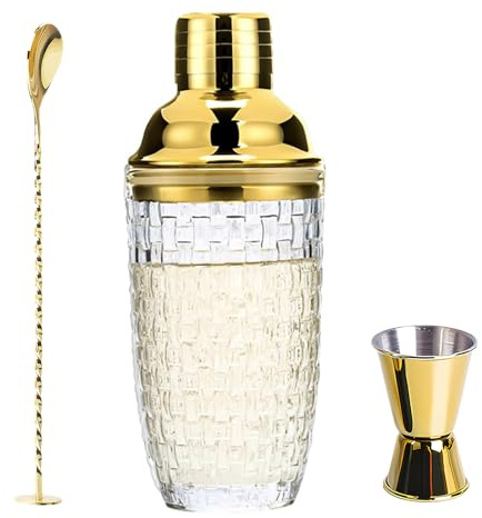 Shaker da Cocktail 400 ml, Set di shaker per cocktail in Acciaio inox e Vetro, Shaker con colino misurino e cucchiaio per casa, bar, vino, succhi di frutta misti, bevande (Oro-2)