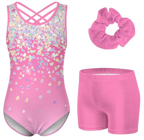 Idgreatim Leotards for Girls Size 6-7 Gymnastics Tumbling Outfits Pink Hearts Shiny Ballet Dance leotard with Shorts Gym Biketard