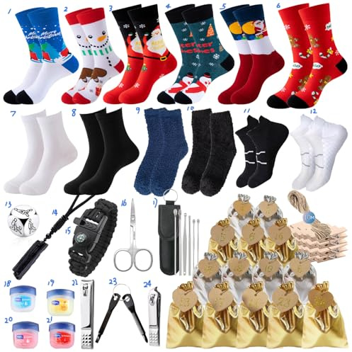 Adventskalender för män, adventskalender med verktyg, julkalender för tonåringar män, 24 användbara prylar, herrstrumpor, överraskningspresent till honom