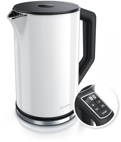 Arendo - Edelstahl Wasserkocher mit Temperatureinstellung 40-100 Grad in 5er Schritten - Doppelwand Design - Modell ELEGANT - 1,5 Liter - 2200 W - Teekocher mit Temperaturanzeige - GS - Weiß