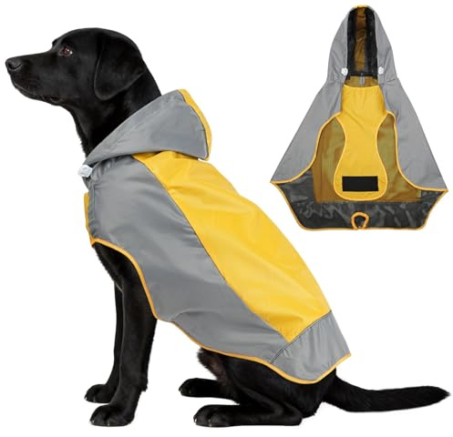 AOOWU Dog Raincoat, Dog Waterproof Coat, Lightweight Hooded Adjustable Reflective Raincoat, Waterproof Rainwear Rain Jacket for Medium Large Dog, Dog Vest Rainwear Clothes Apparel with Leash Hole, L