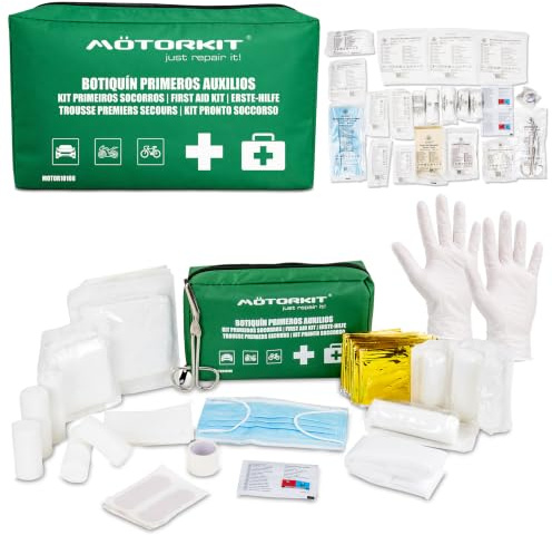 Motorkit Botiquín de Primeros Auxilios para Coche y Camión - Kit de Emergencia Homologado DIN con 4 Compartimentos - Incluye Manta Térmica, Mascarillas, Vendas y Tijeras