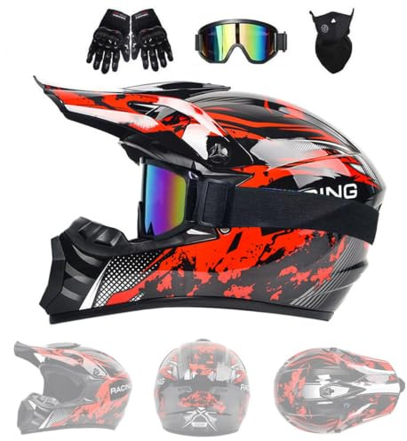 Unisex-motocrosshjälm med Goggles Gloves Mask | Full Face Off Road Street Racing MTB-motorcykelhjälm, Youth Enduro Downhill ATV Quad Dirt Bike-hjälm