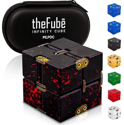 PILPOC theFube Fidget Cube - lyxiga äkta sensoriska leksaker för vuxna och barn - premiumfodral, stresskub, leksaker mot ångest, ADHD, OCD, autism (svart och röd)