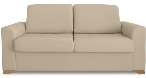 Ventadecolchones - Sofá Cama Italiano 3 Plazas con Subida Y Montaje (207x103x100cm) Berlín en Tela Mozart Antimanchas Beige con Patas de Madera