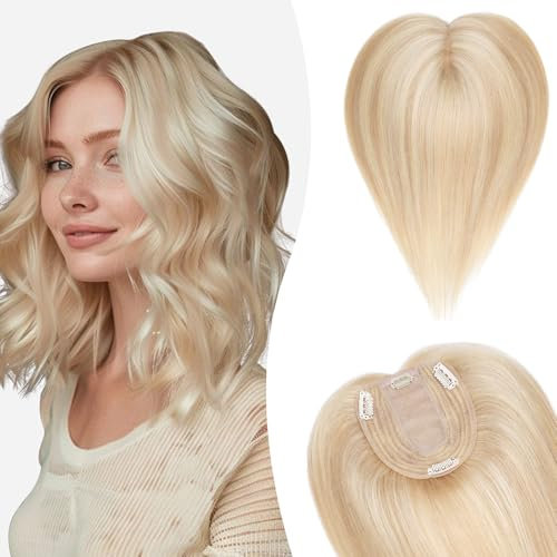 Silk-co Hair Topper Echthaar, 10x12cm Basis Toupet Damen, Haartopper Echthaar mit Remy Seide Basis, Haar Topper Clip in Haarteil Extensions, 45cm18P613# Aschblond & Bleichblond