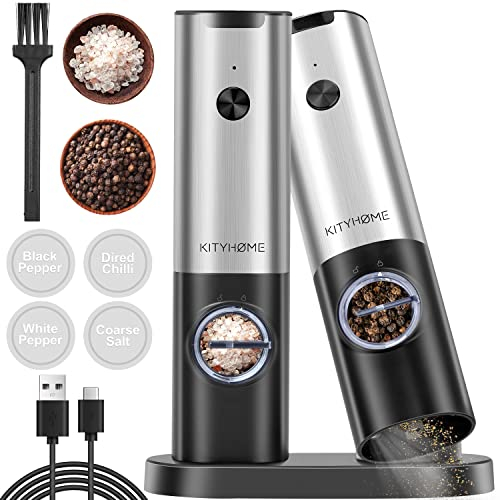 Elettrico Macina Pepe con Base Ricaricabile, macina sale pepe con luce a LED e grossolanità regolabile, Acciaio inossidabile macinapepe con capacità di 70ml