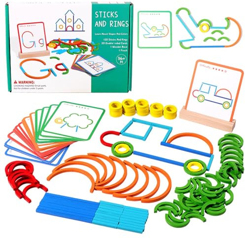 Montessori Giochi Educativi Giocattoli Puzzle in Legno per Bambini 3 4 5 Anni, 120 Pezzi Puzzle Bastoncini e Anelli con Carte, Creativi Gioco Interattivi Regalo per Ragazzi Ragazze Bambina 3-6 Anni