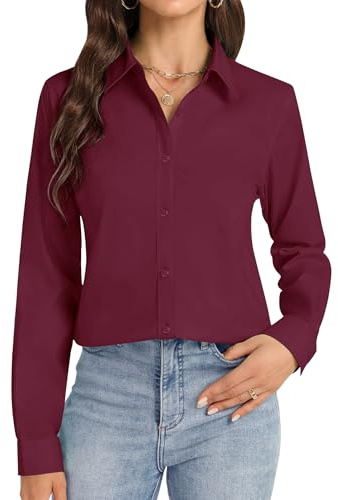 J.Ver Camisa de Vestir de Manga Larga con Botones para Mujer, sin Arrugas, elástica, Color Liso, Granate, S
