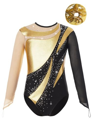 ranrann Enfant Fille Justaucorps Gymnastique Strass Manche Longue Leotard Danse Tenue Patinage Artistique Brillant Costume Spectacle 5-16 Ans Or 9-10 ans